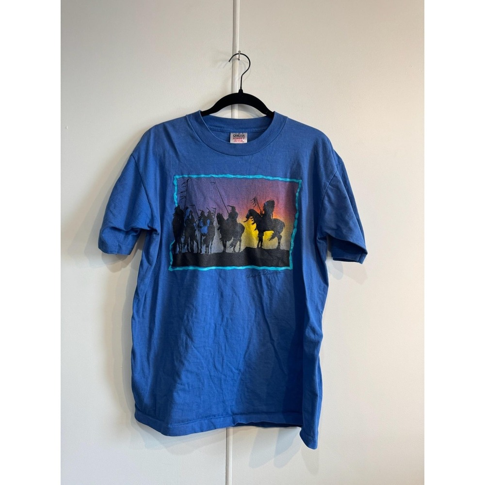 Vintage Oneita Cowboys Sunset Shirt Mens Large Blue‎ Western Tee T-Shirt 80s
